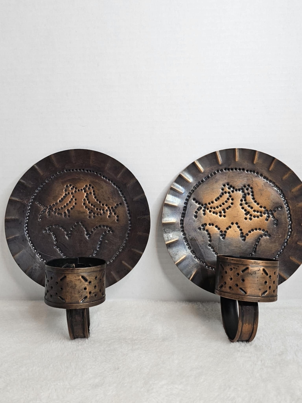 🖤Pfaltzgraff Village Tinsmith Punched Tin Wall Sconce Set With Label Copper USA